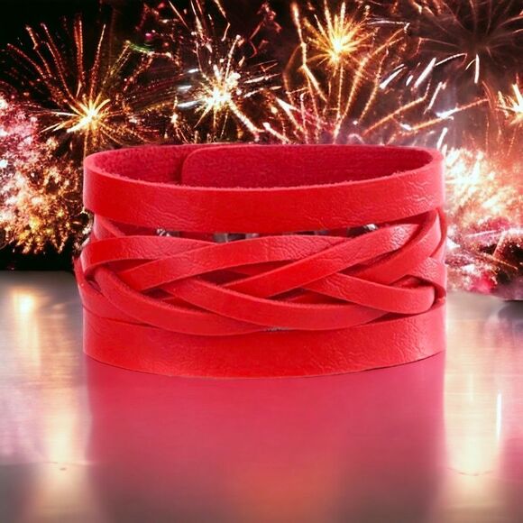 Red Leather Wrist Band l Buttery Soft Leather l 2 snap adjustment l 8.5” l New - Picture 1 of 7